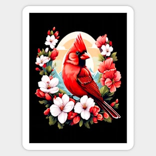Cute Northern Cardinal Surrounded by Vibrant Spring Flowers Sticker